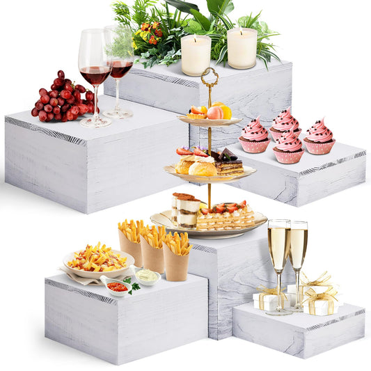 6 Pack Wooden Risers Display Stands Square Buffet Risers for Party Wood Cake Stands Rustic Cupcake Stands Wooden Crates for Display Wood Risers for Decor Wooden Food Display Risers Nesting Risers