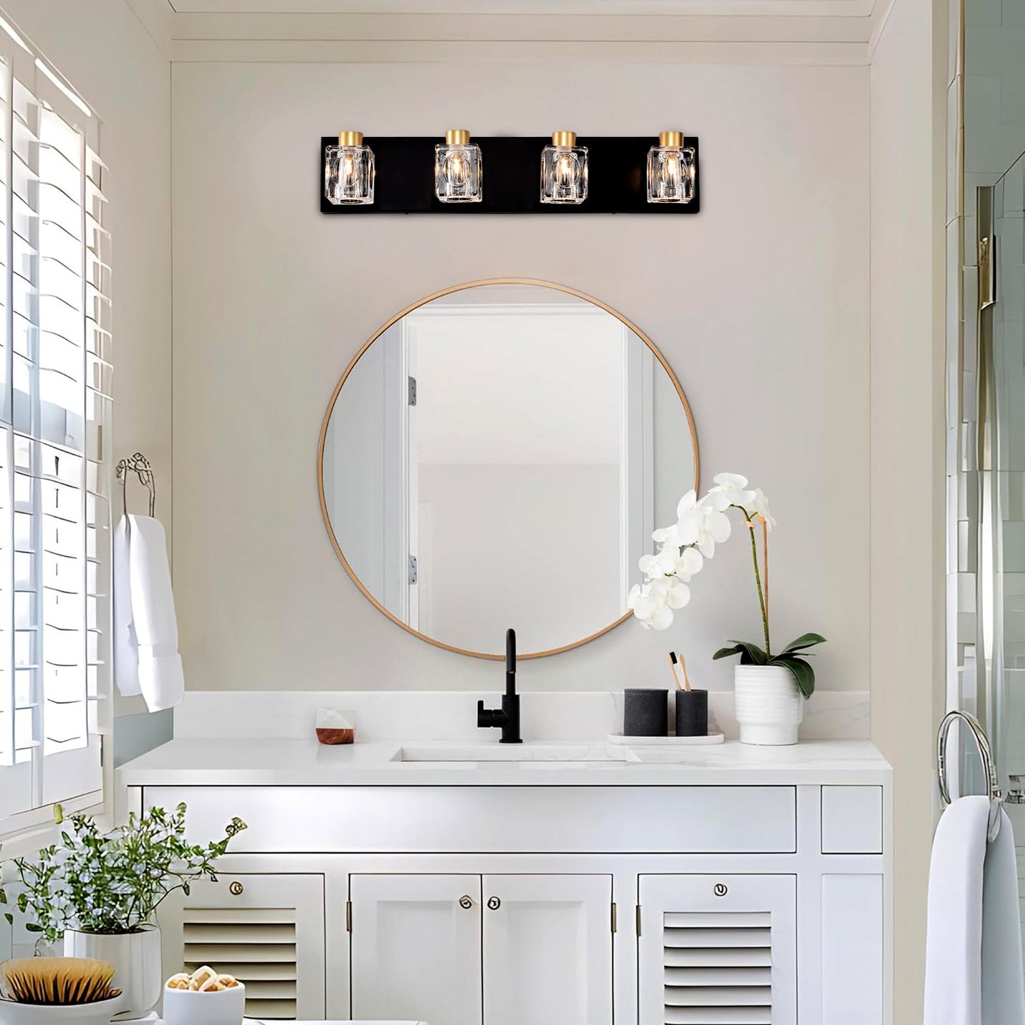 4-Light Matte Black Gold Bathroom Light Fixtures, Modern Vanity Lights With Crystal Glass Shade, Vintage Light Fixture Bathroom Over Mirror Wall Lights For Kitchen Dinning Room Bedroom Hallway